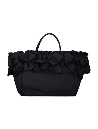 Ganni Black Nylon Ruffled Xxl Shopper Bag In Black