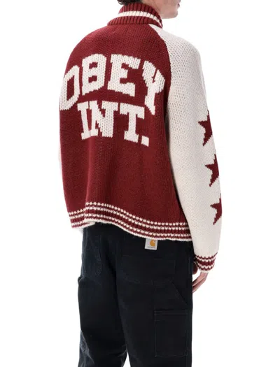 Obey Cowichan Sweater Cardigan In Burgundy