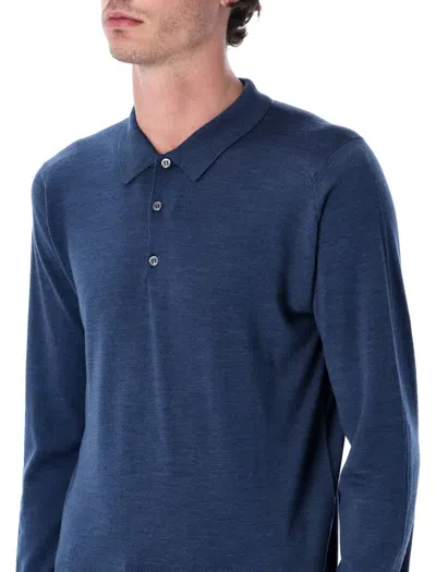 John Smedley Long Sleeve Polo Knit With Ribbed Cuffs And Hem In Blue