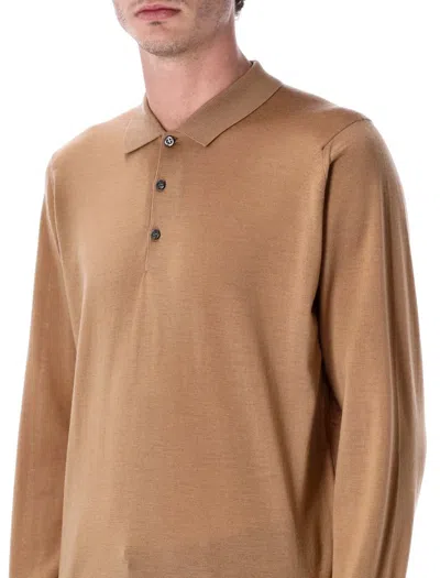 John Smedley Long Sleeve Polo Knit With Ribbed Cuffs And Hem In Neutral
