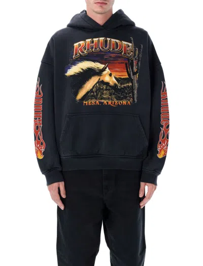 Rhude Stallion Logo-print Hooded Cotton Sweatshirt In Blue