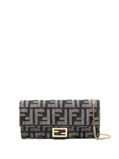Fendi Denim-effect Ff Jacquard Uette Continental Wallet With Chain Bags In Black
