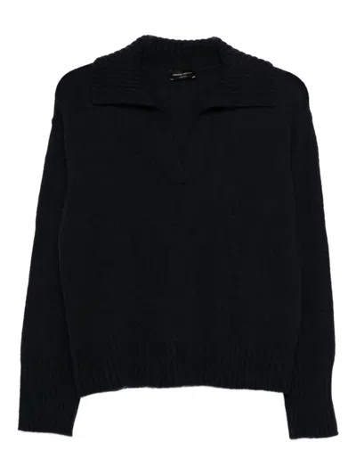 Roberto Collina V-neck Wool Polo Sweater With Ribbed Cuffs In Black
