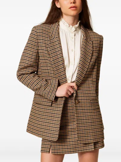 Twinset Beige Single-breasted Jacket With All-over Check Motif In Wool Blend Woman In Animal Print