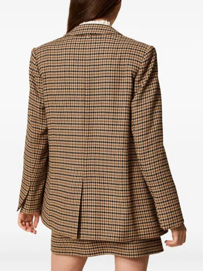 Twinset Beige Single-breasted Jacket With All-over Check Motif In Wool Blend Woman In Animal Print
