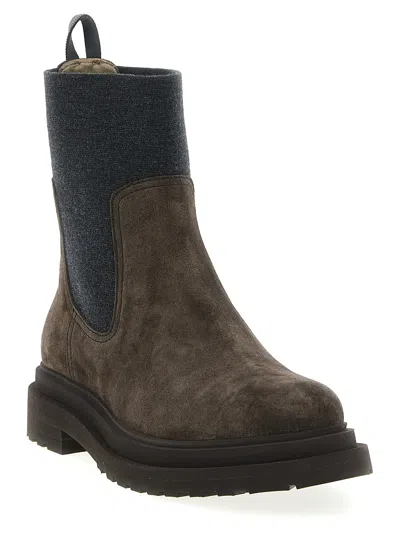 Brunello Cucinelli Women Suede Boot With Knitted Insert And Precious Loop Detail In Brown