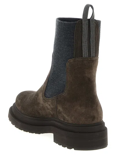 Brunello Cucinelli Women Suede Boot With Knitted Insert And Precious Loop Detail In Brown