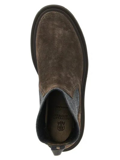 Brunello Cucinelli Women Suede Boot With Knitted Insert And Precious Loop Detail In Brown