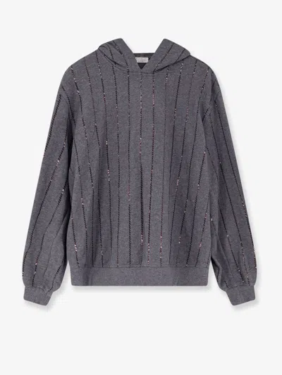 Brunello Cucinelli Women Dazzling Chalk Stripe Embroidery Cotton Sweatshirt In Gray