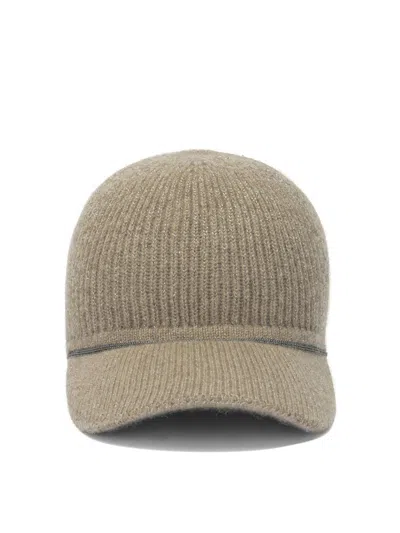 Brunello Cucinelli Curved Brim Knit Hats With Ribbed Texture In White