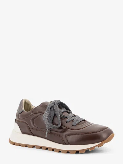 Brunello Cucinelli Leather Low-top Sneakers Contrast Sole In Brown
