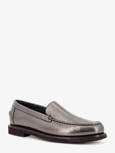 Brunello Cucinelli Metallic Finish Round Toe Loafers With Rubber Sole In Gray