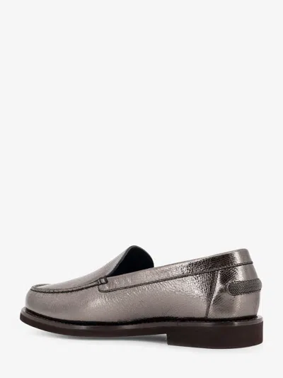 Brunello Cucinelli Metallic Finish Round Toe Loafers With Rubber Sole In Gray