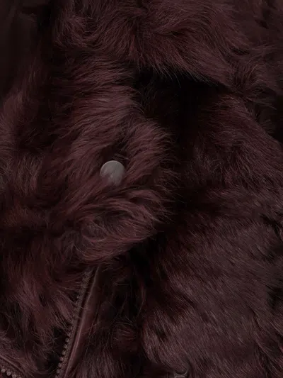 Brunello Cucinelli Asymmetrical-zip Shearling Jacket In Burgundy