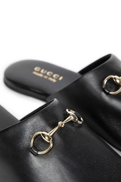 Gucci Women Black Nappa Leather Mules With Horsebit In Black