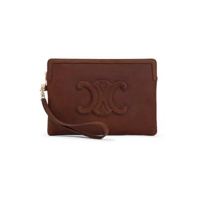 Celine Small Pouch With Strap Cuir Triomphe In Grained Calfskin In Brown