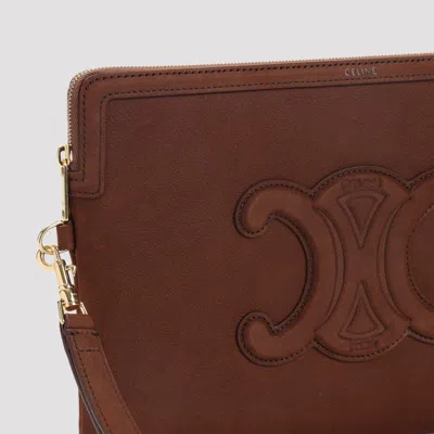 Celine Small Pouch With Strap Cuir Triomphe In Grained Calfskin In Brown