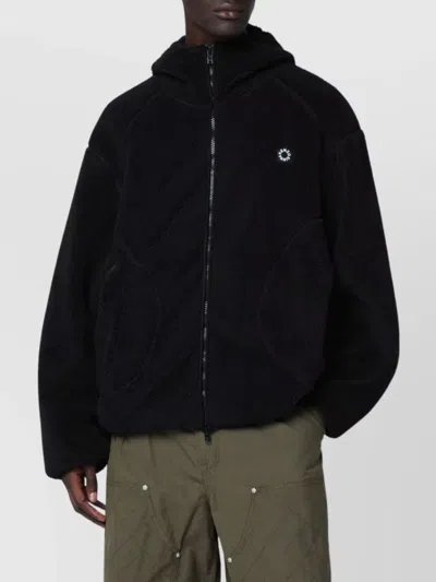 Kenzo Hooded Fleece Coat Long Sleeves Side Pockets In Black