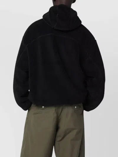Kenzo Hooded Fleece Coat Long Sleeves Side Pockets In Black