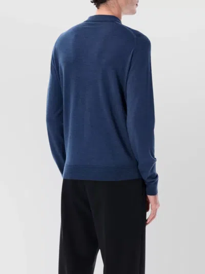 John Smedley Long Sleeve Polo Knit With Ribbed Cuffs And Hem In Blue