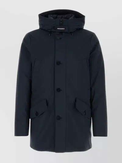 Woolrich Long Nylon Down Jacket Hooded In Blue