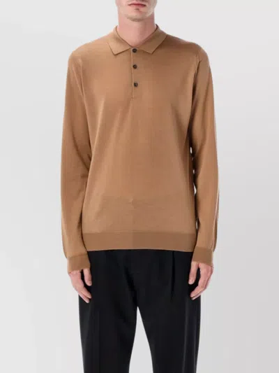 John Smedley Long Sleeve Polo Knit With Ribbed Cuffs And Hem In Brown