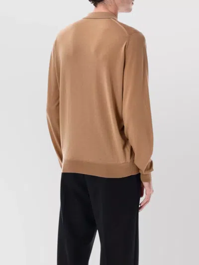 John Smedley Long Sleeve Polo Knit With Ribbed Cuffs And Hem In Brown