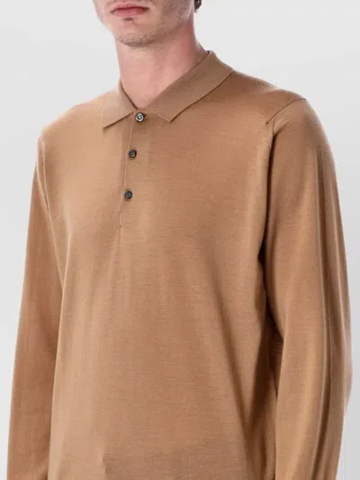 John Smedley Long Sleeve Polo Knit With Ribbed Cuffs And Hem In Brown