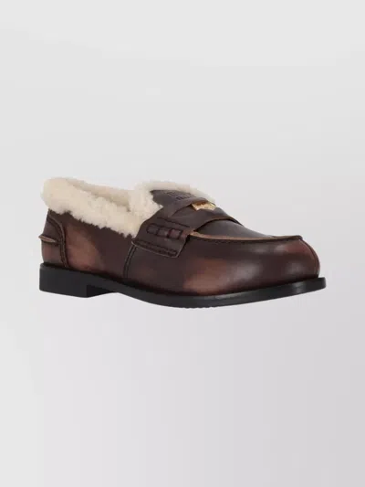 Miu Miu Bleached Leather And Shearling Penny Loafers In Brown