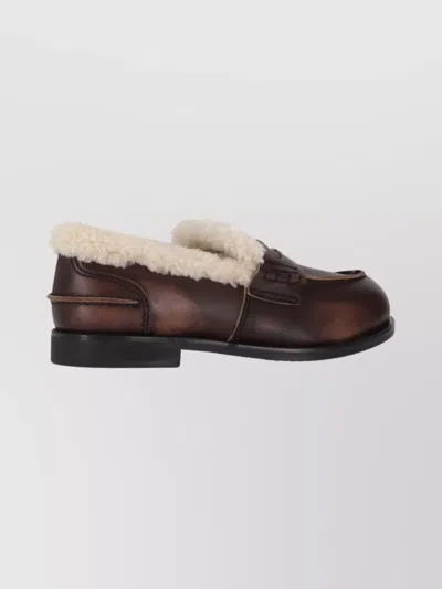 Miu Miu Bleached Leather And Shearling Penny Loafers In Brown