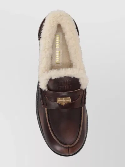 Miu Miu Bleached Leather And Shearling Penny Loafers In Brown