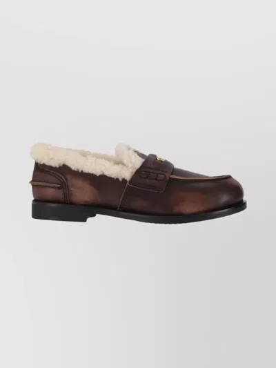 Miu Miu Bleached Leather And Shearling Penny Loafers In Brown