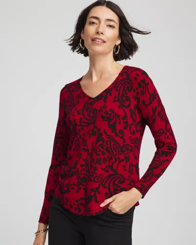 Chico's Ella Printed V-neck Sweater In Carmine Red In Multi