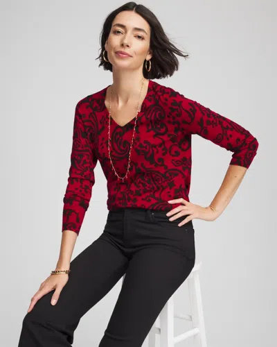 Chico's Ella Printed V-neck Sweater In Carmine Red In Multi
