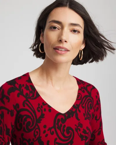 Chico's Ella Printed V-neck Sweater In Carmine Red In Multi