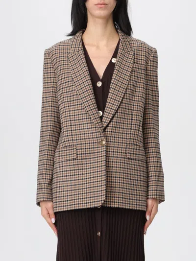Twinset Beige Single-breasted Jacket With All-over Check Motif In Wool Blend Woman In Multi