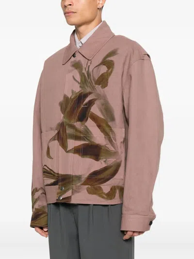 Dries Van Noten Abstract Print Collared Jacket Front Pockets In Pink