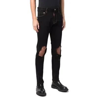 Dsquared2 Slim-fit Black Denim Jeans With Distressed Details In Blue
