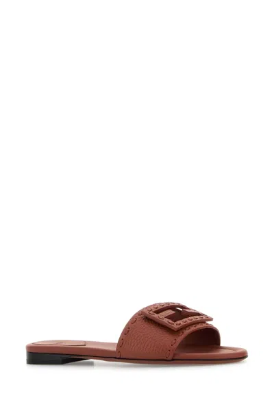 Fendi Baguette Leather Slides With Macro Selleria Topstitches In Brown