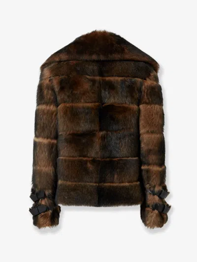 Fendi Women Color Pequin Motif Fur Aviator Jacket In Brown