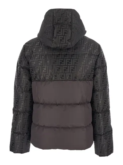 Fendi Women Brown Down Jacket With Drawstring Hood And Ff Motif In Tech Fabric Woman In Black