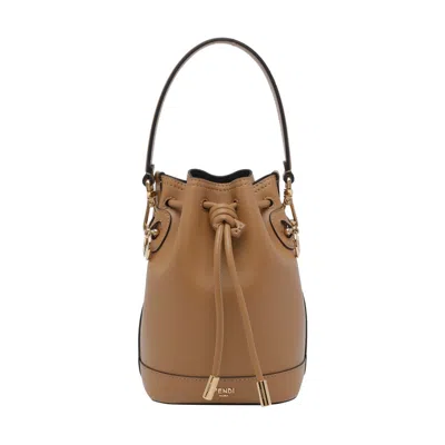 Fendi Women Camel Leather Mon Tresor Bucket Bag In White