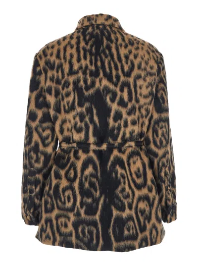 Fendi Women Multicolor Coat With Ff Buckled Belt On The Front And All-over Leopard Motif In Wool Ble In Multi