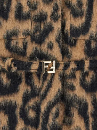 Fendi Women Multicolor Coat With Ff Buckled Belt On The Front And All-over Leopard Motif In Wool Ble In Multi