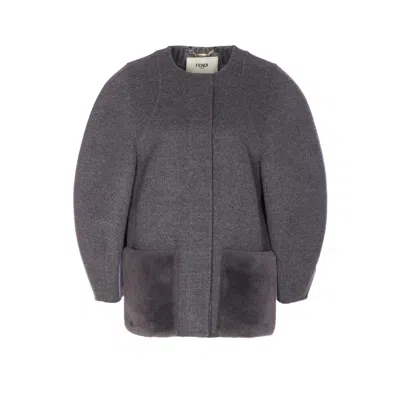 Fendi Women Wool Blouson With Mink Pockets And Inner Ff Logo In Gray