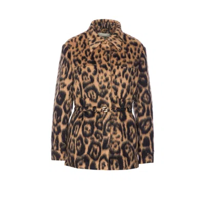Fendi Women Multicolor Coat With Ff Buckled Belt On The Front And All-over Leopard Motif In Wool Ble In Brown