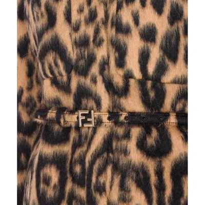 Fendi Women Multicolor Coat With Ff Buckled Belt On The Front And All-over Leopard Motif In Wool Ble In Brown