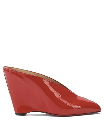 Ferragamo Alicia Patent Leather Peep-toe Wedge Mules In Red