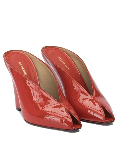 Ferragamo Alicia Patent Leather Peep-toe Wedge Mules In Red