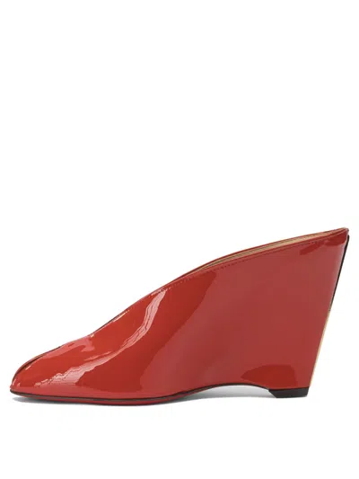 Ferragamo Alicia Patent Leather Peep-toe Wedge Mules In Red